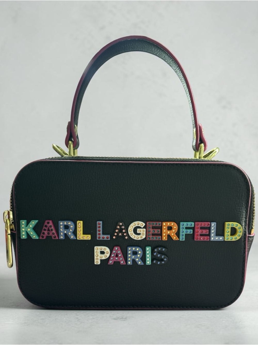Karl Lagerfeld Black Leather Crossbody with Multicolor Studded Logo
